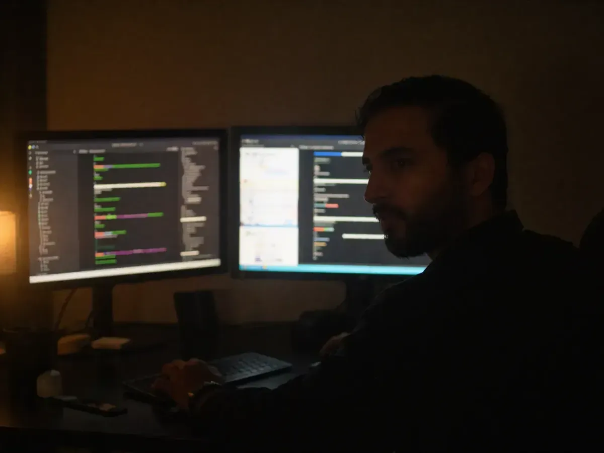 Nikhil Sharma at a desk at night reviewing running logs across two monitors