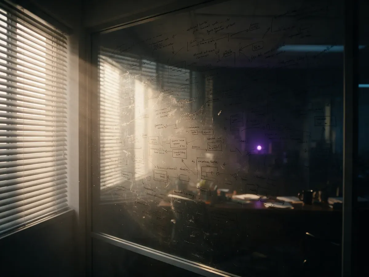 A glass wall covered in a hand-drawn process map, lit from a window