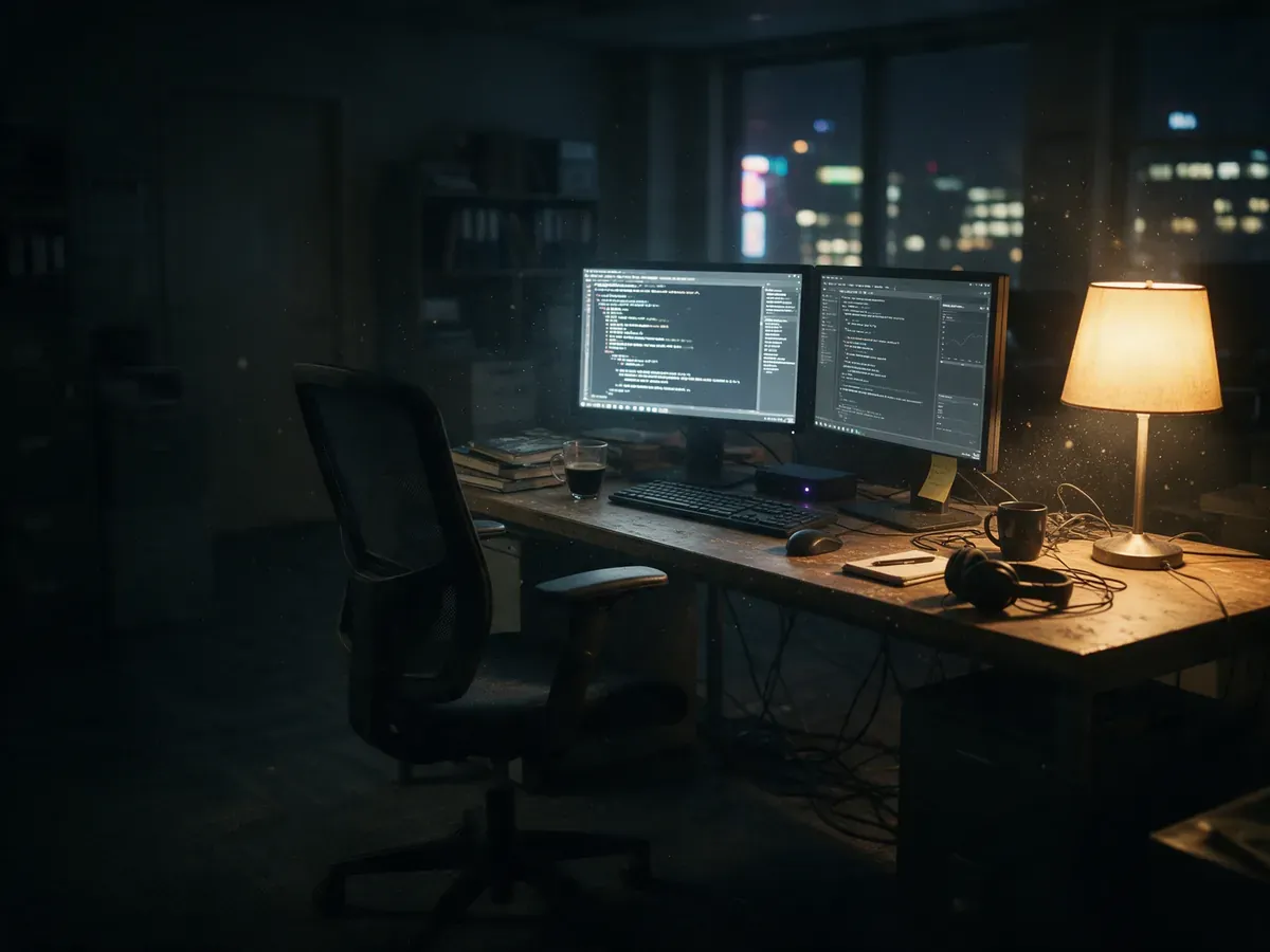 An empty chair at a desk at night, monitors still running, one violet indicator lit