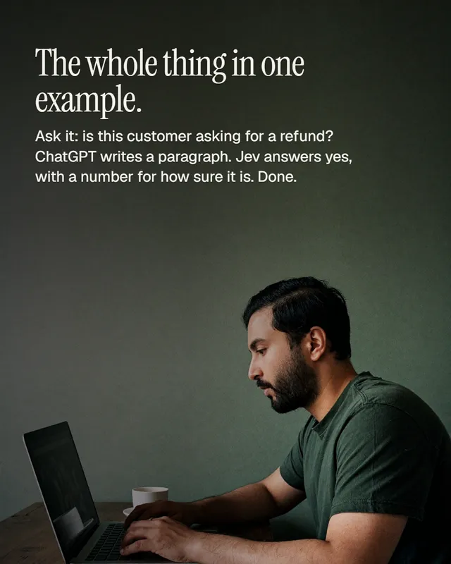 The whole thing in one example. Ask whether a customer is requesting a refund: ChatGPT writes a paragraph, Jev answers yes with a number for how sure it is.