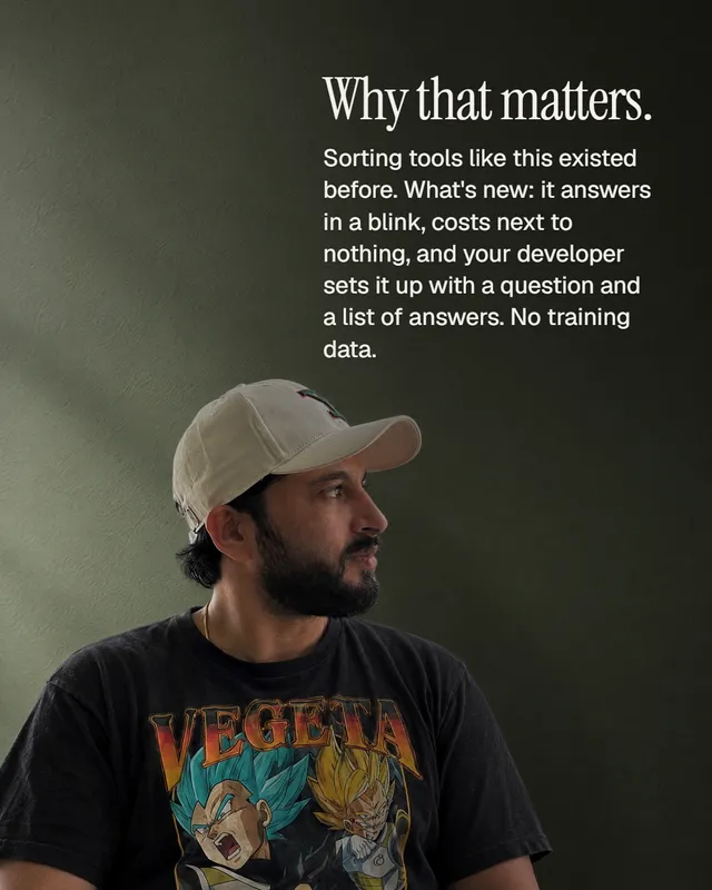 Why that matters. Sorting tools existed before. What is new is that this answers in a blink, costs next to nothing, and is set up with a question and a list of answers rather than training data.