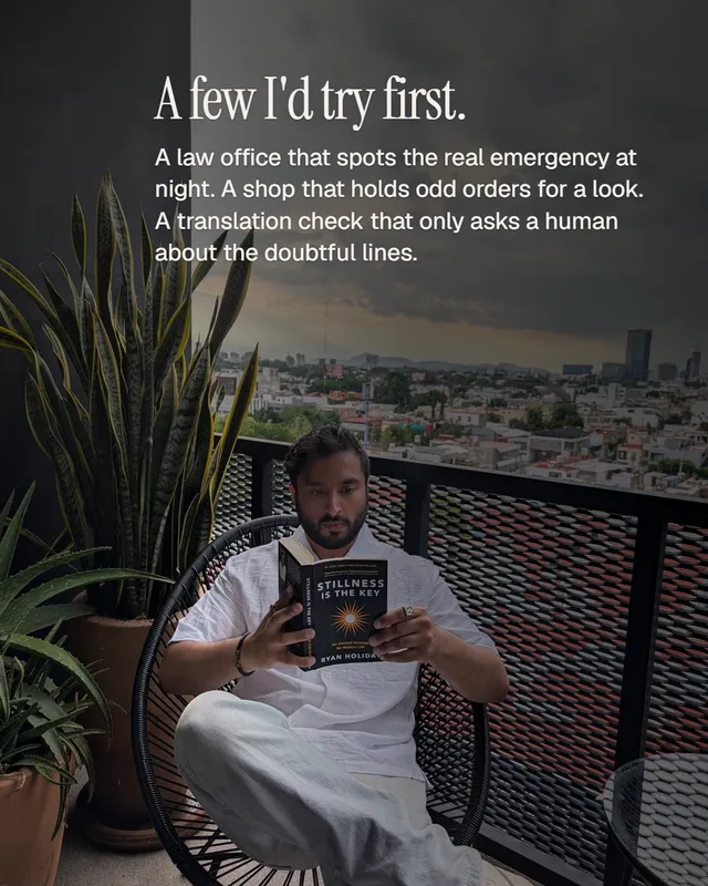 A few I would try first. A law office that spots the real emergency at night, a shop that holds odd orders for a look, a translation check that only asks a human about the doubtful lines.