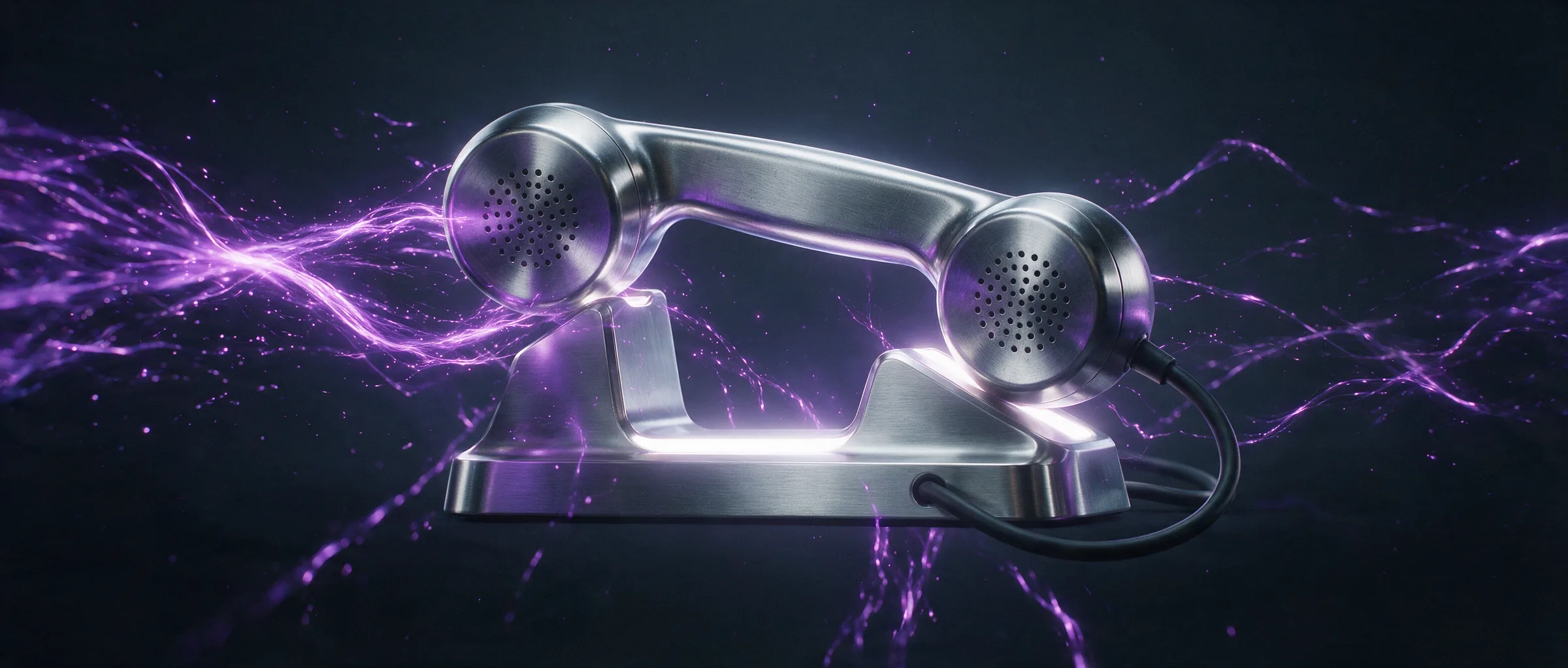 A steel telephone handset on a lit cradle with streams of violet light flowing into it