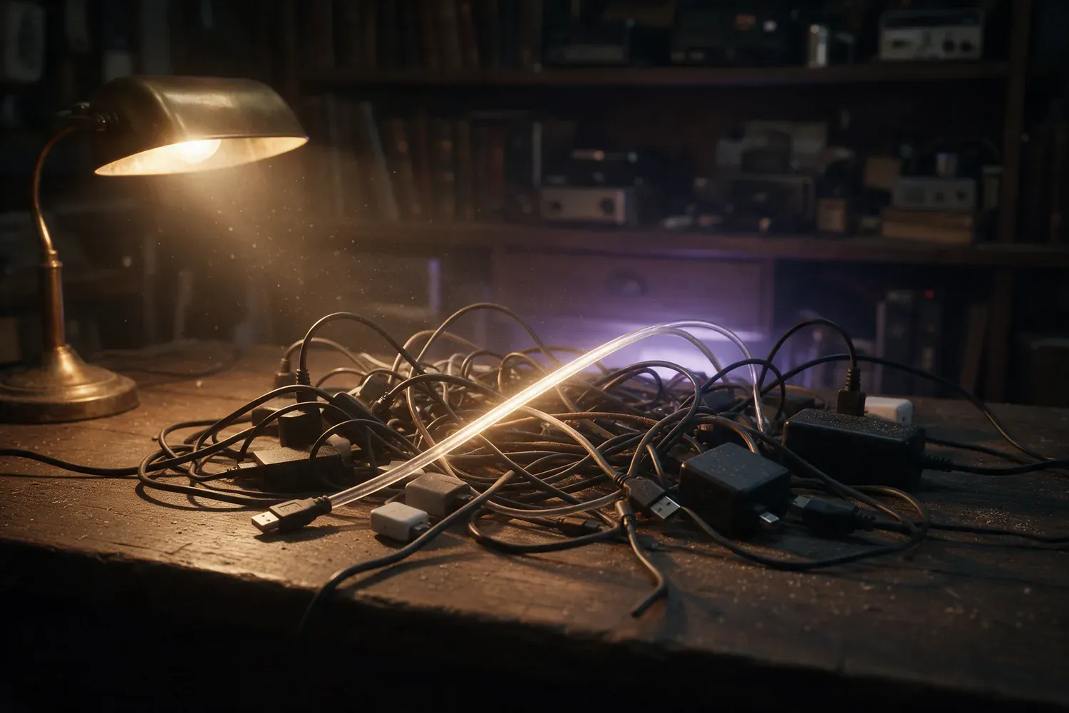 A tangle of mismatched cables and adapters on a dark desk with one clean lit cable running straight through it
