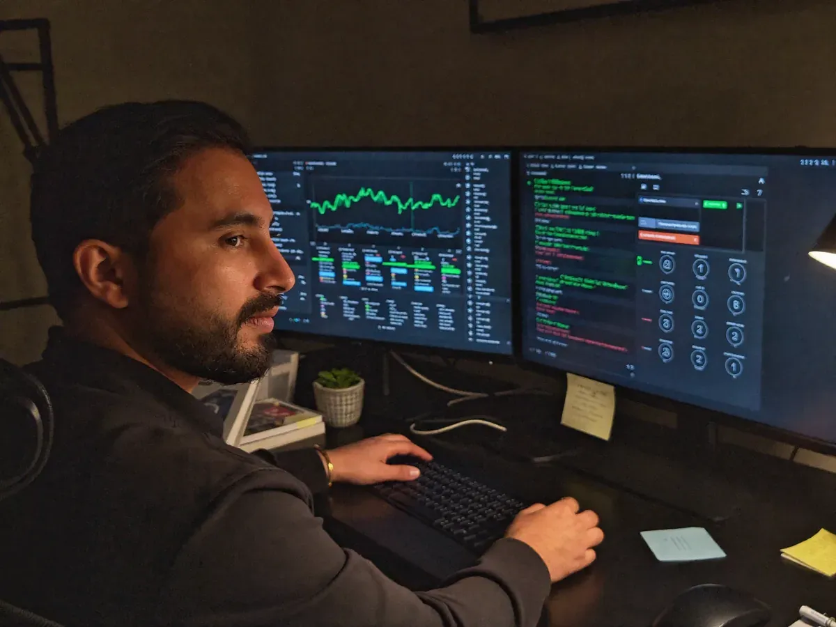 Nikhil Sharma at a desk reviewing three separate business systems side by side