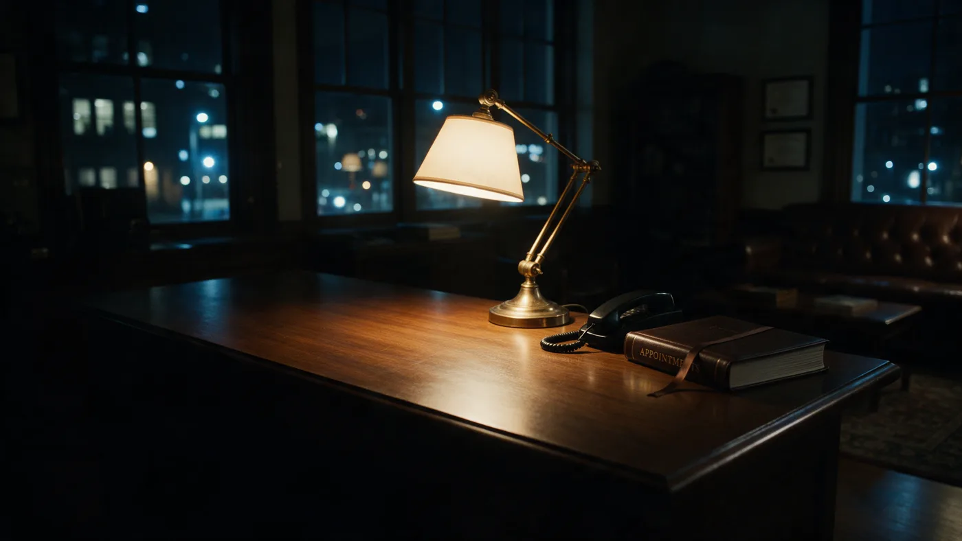 An empty law office reception desk at night, one lamp lit, the phone unattended