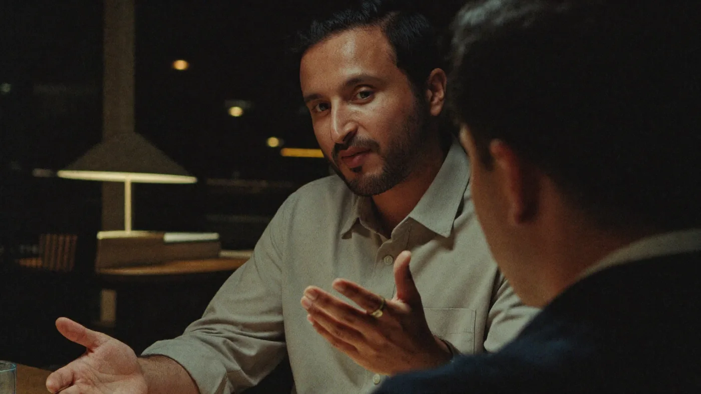 Nikhil Sharma mid-sentence across a table from a client in a warmly lit evening office