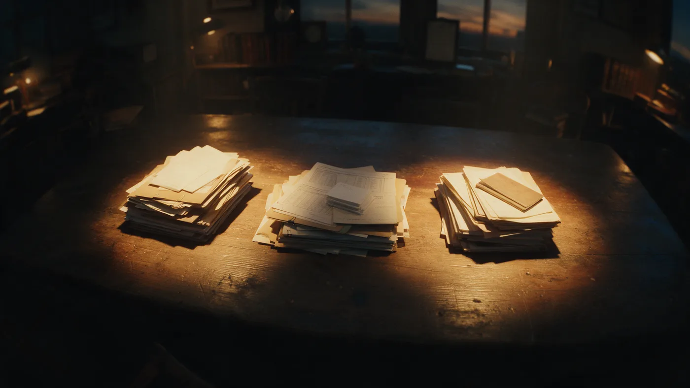 Three separate stacks of paper on a dark table, each lit by its own pool of light, the space between them in shadow